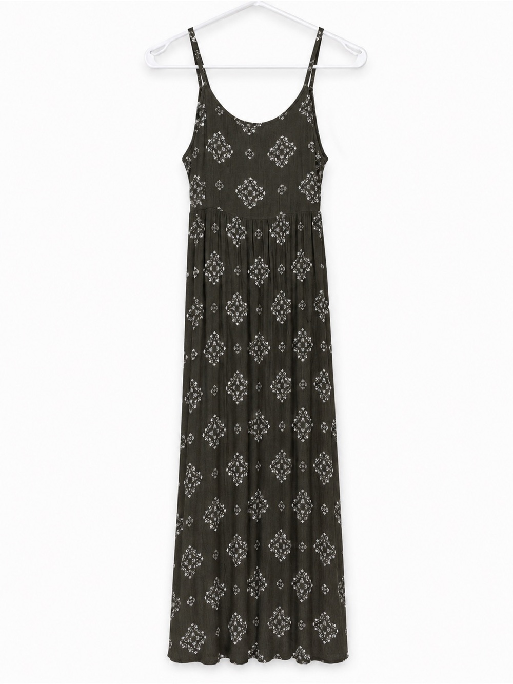 SO Olive Green Maxi Dress with White Geometric Print P2P 15-17, 52” Long
